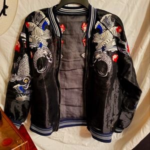 MUILIFE Asian-Inspired Sheer Koi Bomber Jacket